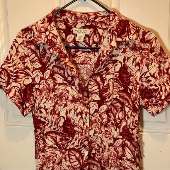 Rachel Zoe Red and White Leaf Print Button Front Flowy Linen Blend Midi Dress S - Picture 2 of 7